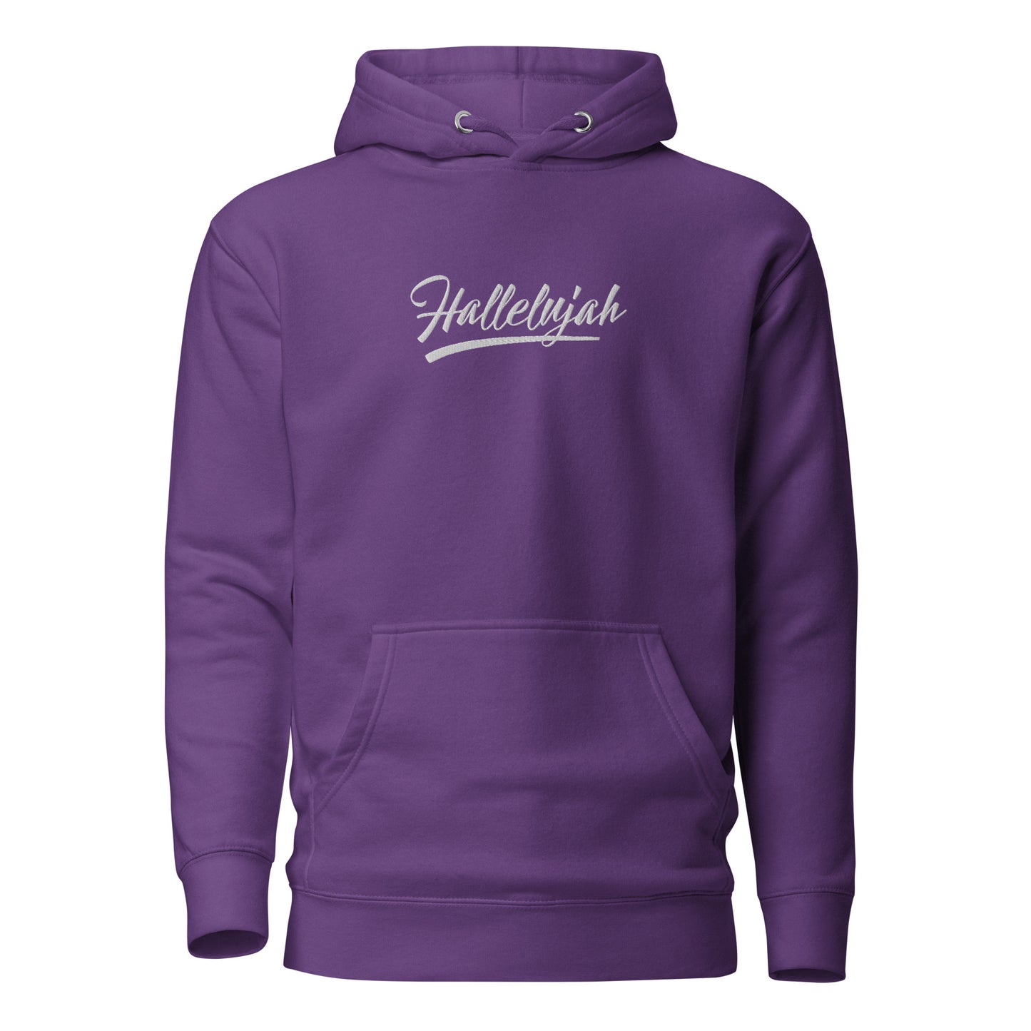 Front view of the Hallelujah Embroidered Premium Hoodie in purple by The Avielle.