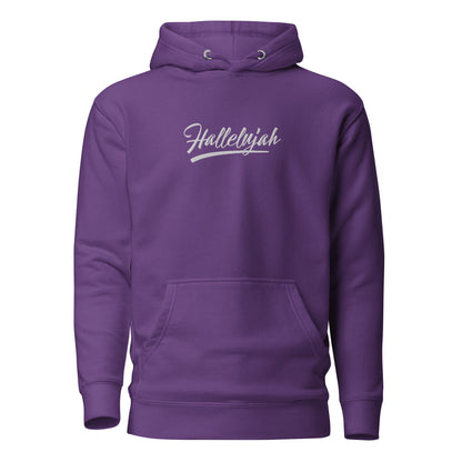 Front view of the Hallelujah Embroidered Premium Hoodie in purple by The Avielle.