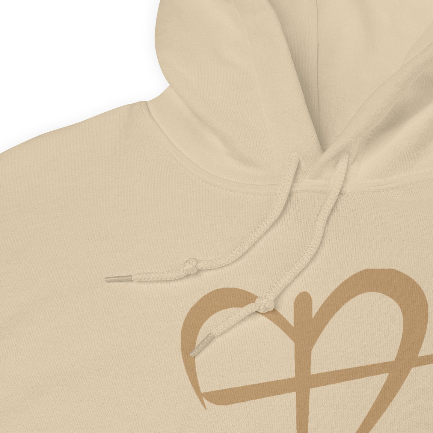 Close-up of the Heart of Faith design on the sand Christian hoodie by The Avielle