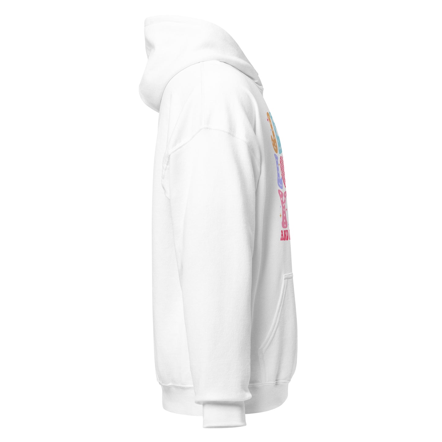 Side view of the Jesus Loves You and I'm Trying white hoodie by The Avielle