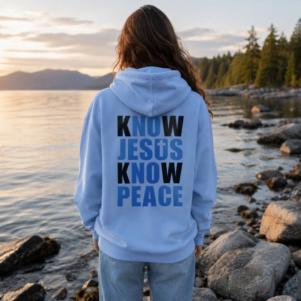 Back view of the Know Jesus Know Peace Carolina blue Christian zip hoodie by The Avielle