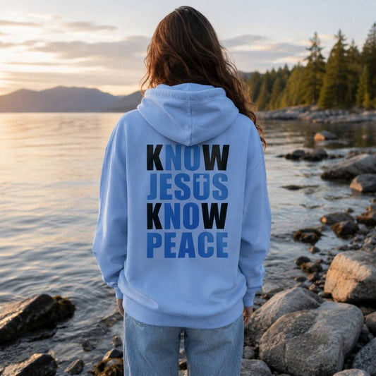 Back view of the Know Jesus Know Peace Carolina blue Christian zip hoodie by The Avielle