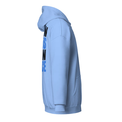 Back view of the Know Jesus Know Peace Carolina blue Christian zip hoodie by The Avielle