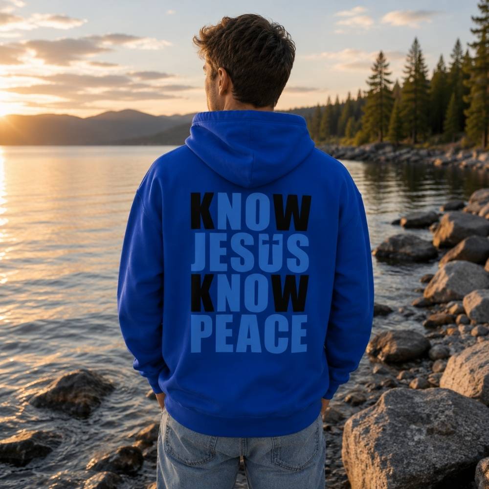 Back view of the Know Jesus Know Peace royal blue Christian zip hoodie by The Avielle
