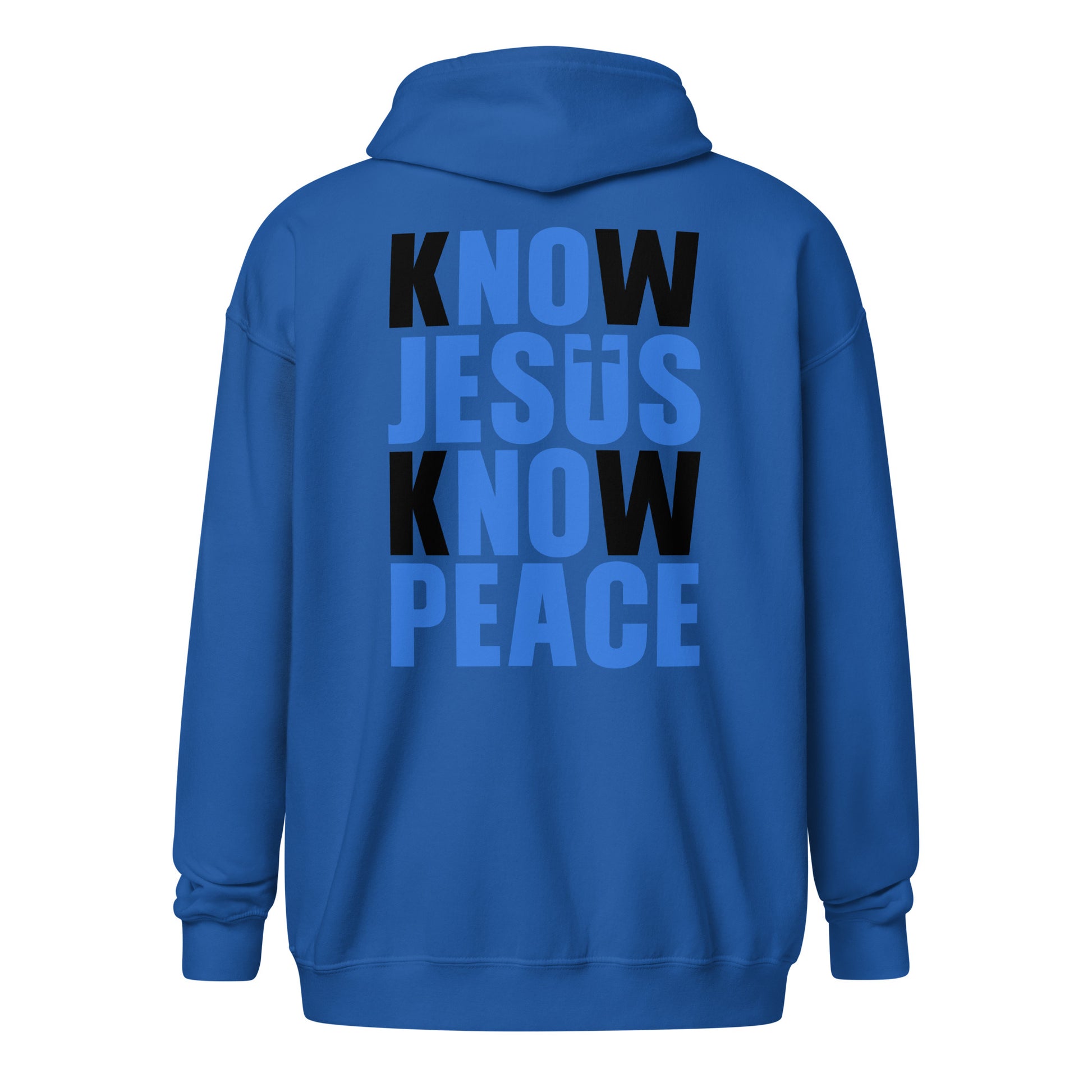 Back view of the Know Jesus Know Peace royal blue Christian zip hoodie by The Avielle