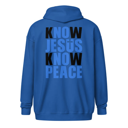 Back view of the Know Jesus Know Peace royal blue Christian zip hoodie by The Avielle