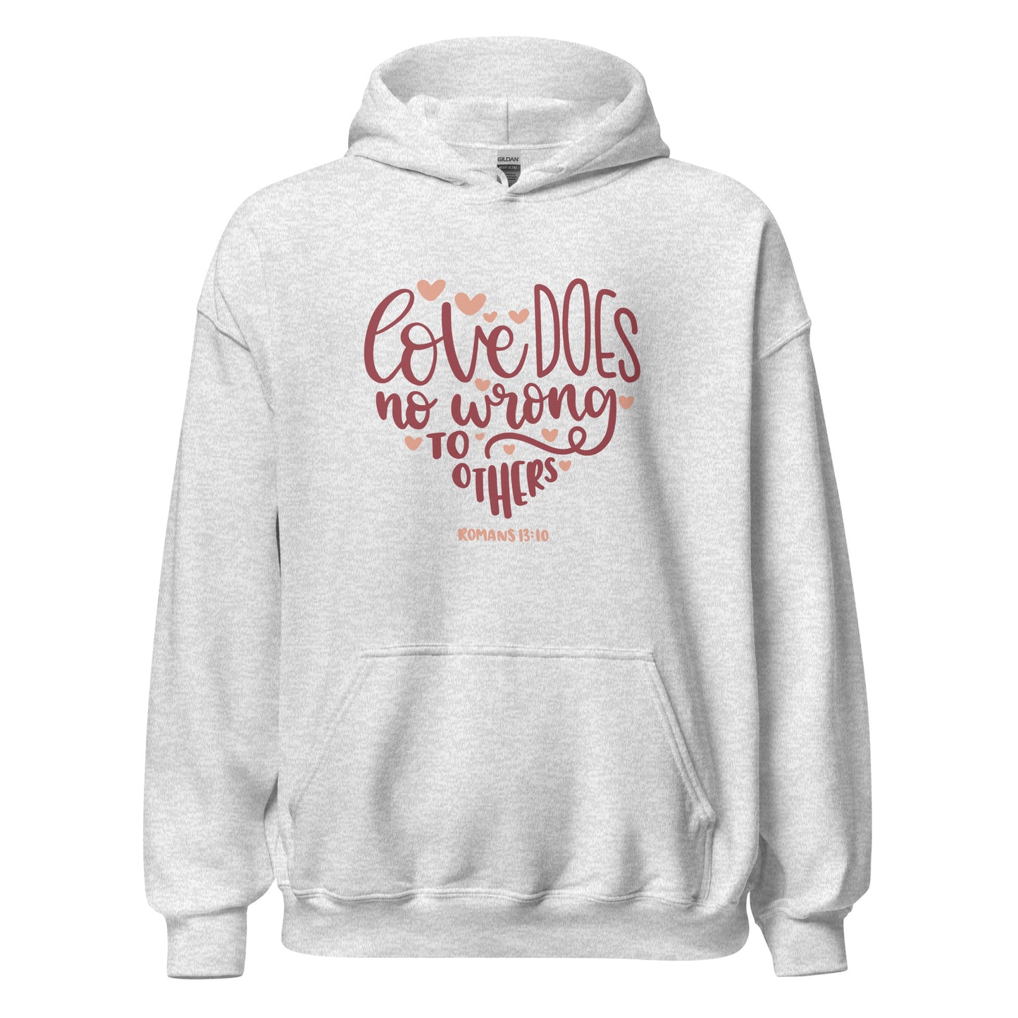 Front view of The Avielle Love Does No Wrong Romans 13:10 Christian hoodie in ash.