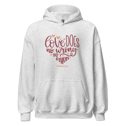 Front view of The Avielle Love Does No Wrong Romans 13:10 Christian hoodie in ash.