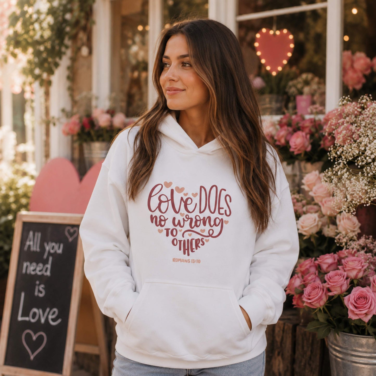 Woman wearing The Avielle Love Does No Wrong Romans 13:10 white hoodie in front of a flower shop with romantic floral decor.