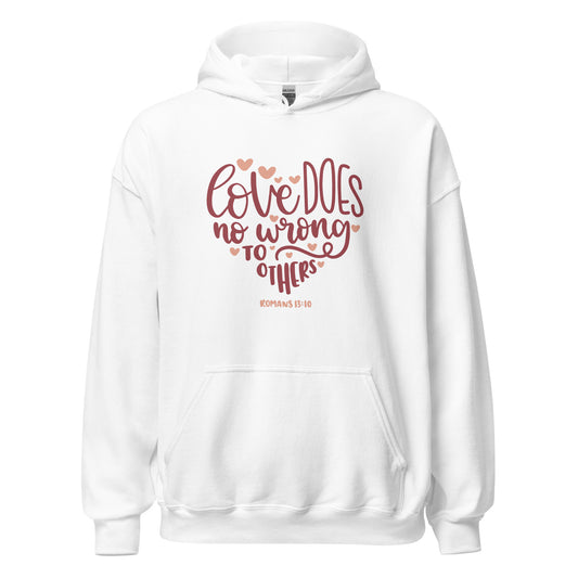 Front view of The Avielle Love Does No Wrong Romans 13:10 Christian hoodie in white.