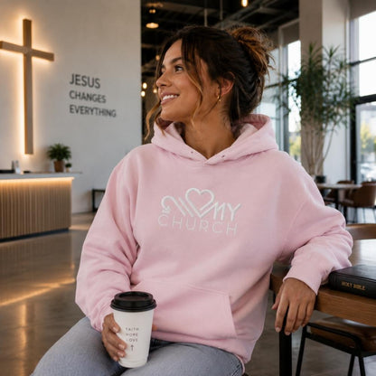 Love My Church embroidered light pink unisex hoodie by The Avielle
