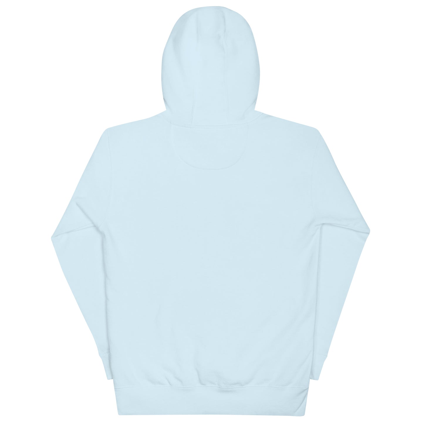 Back view of the Love My Church embroidered sky blue premium hoodie by The Avielle