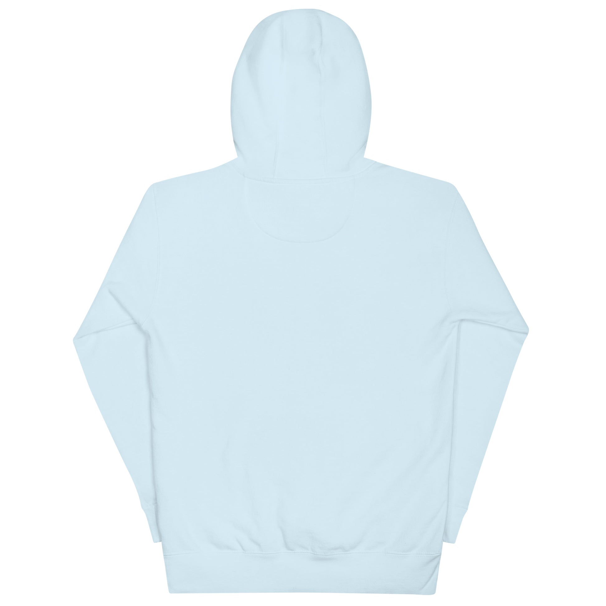 Back view of the Love My Church embroidered sky blue premium hoodie by The Avielle