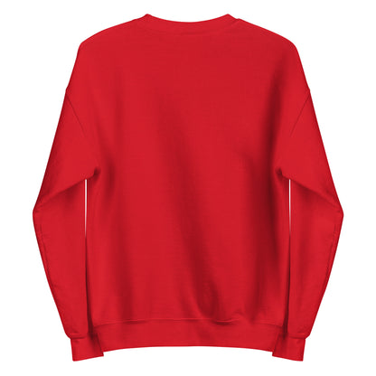 Back view of a red Love sweatshirt.