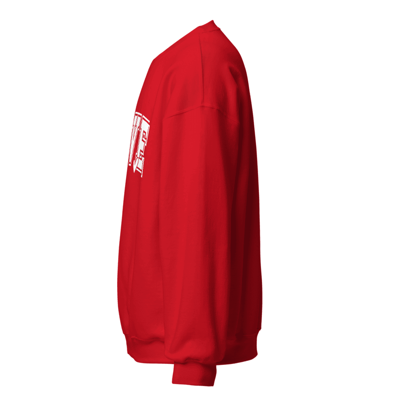 Side view of a red Love sweatshirt.