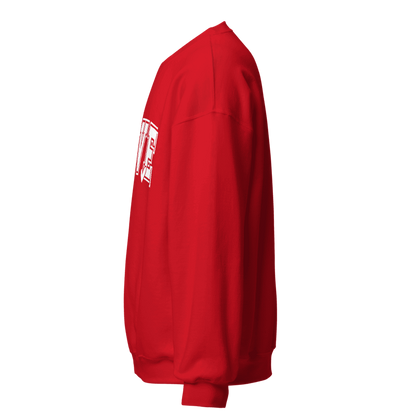 Side view of a red Love sweatshirt.