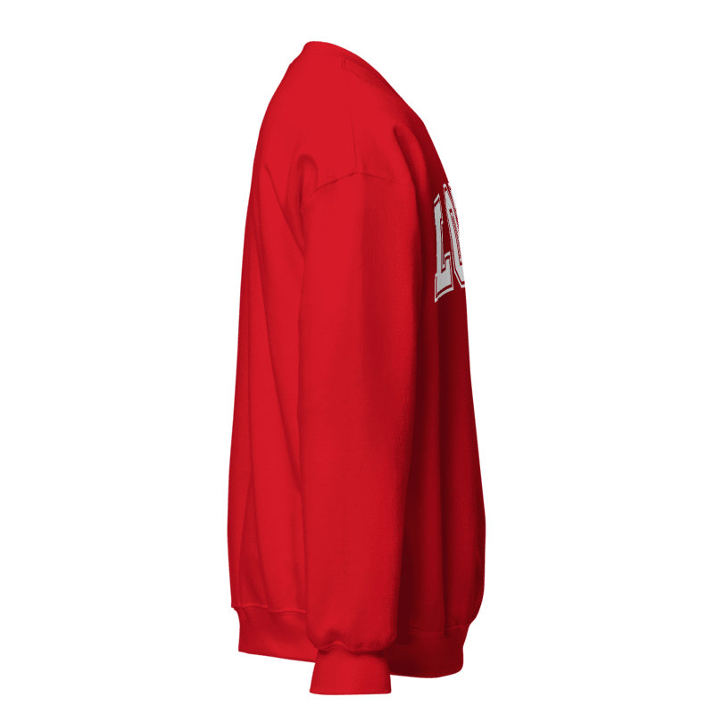 Side view of a red Love sweatshirt.