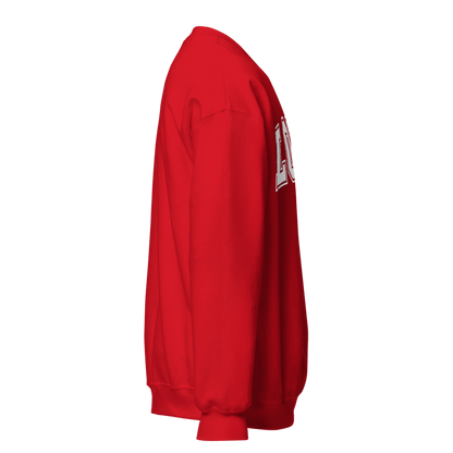Side view of a red Love sweatshirt.