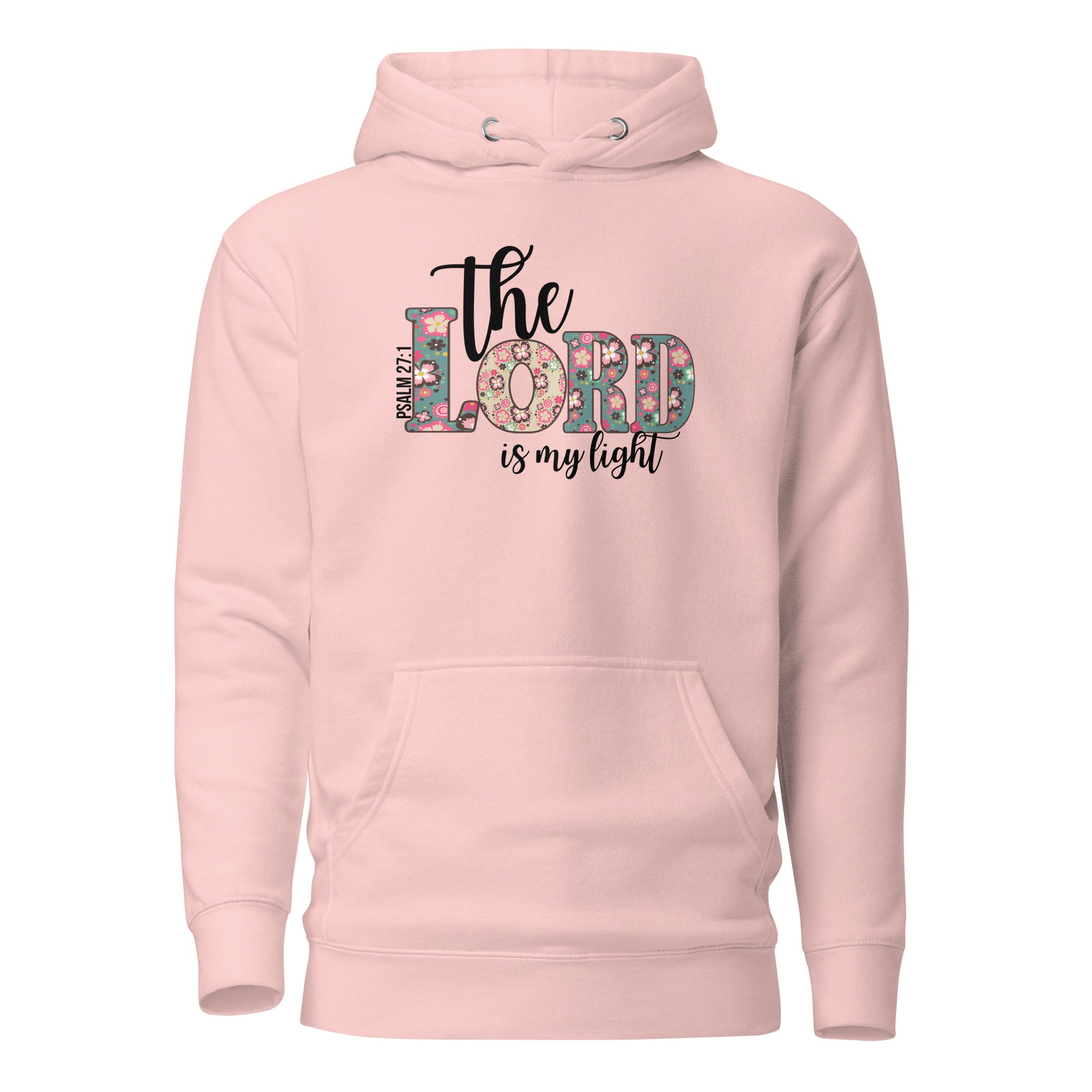 Front view of The Lord Is My Light Psalm 27:1 Christian hoodie in light pink.