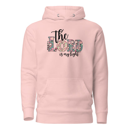 Front view of The Lord Is My Light Psalm 27:1 Christian hoodie in light pink.