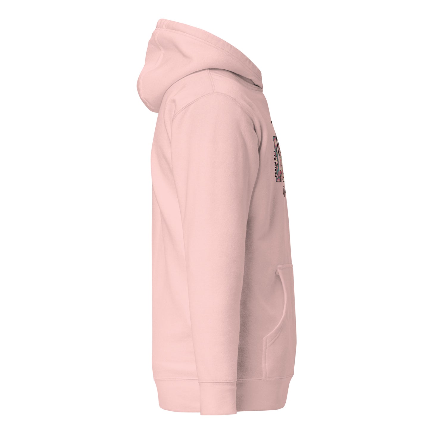 Side view of The Lord Is My Light Psalm 27:1 Christian hoodie in light pink.