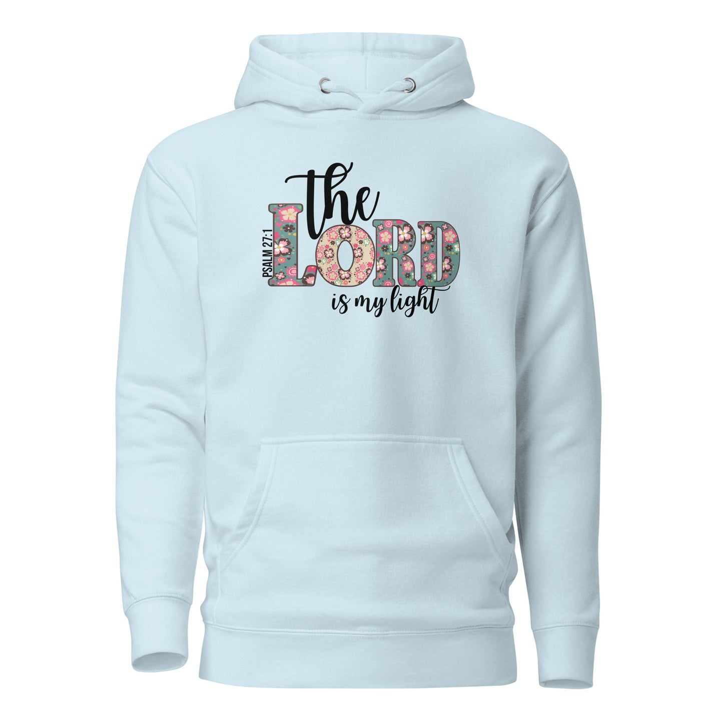 Front view of The Lord Is My Light Psalm 27:1 Christian hoodie in sky blue.