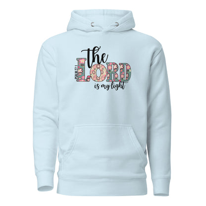Front view of The Lord Is My Light Psalm 27:1 Christian hoodie in sky blue.