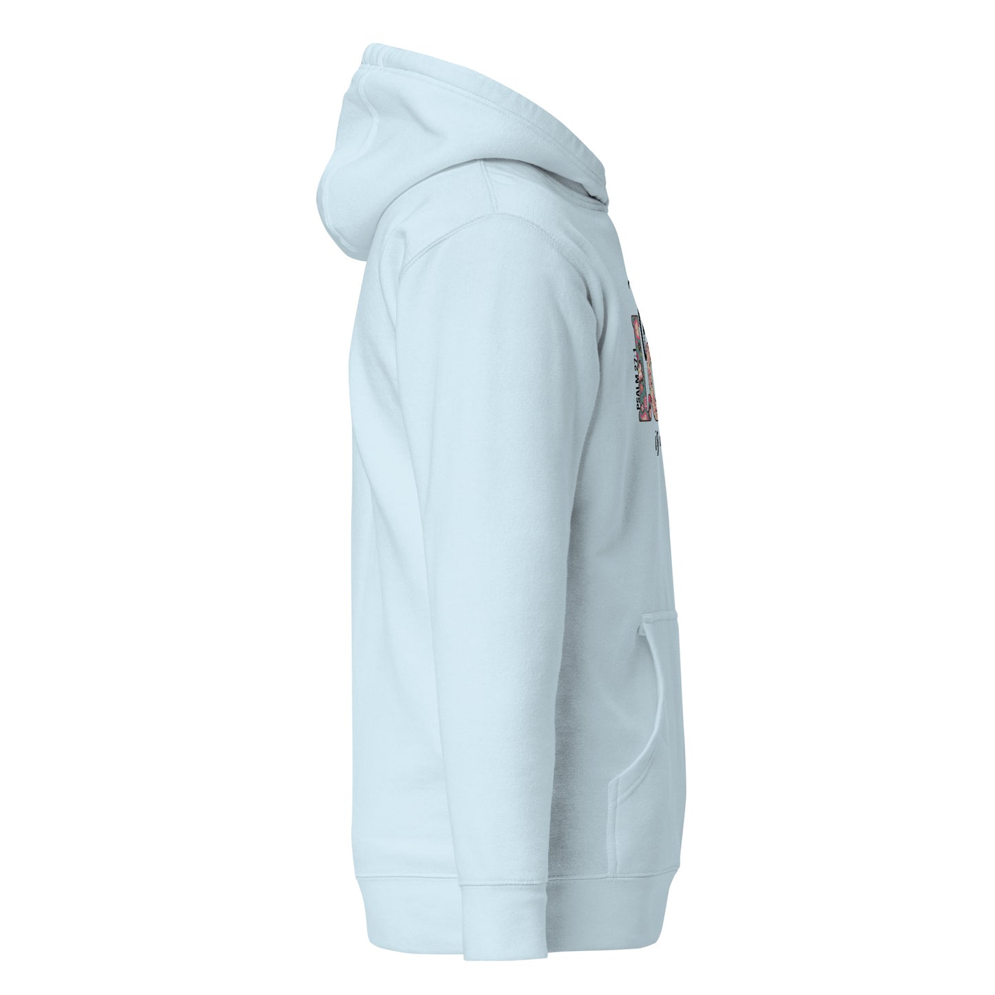 Side view of The Lord Is My Light Psalm 27:1 Christian hoodie in sky blue.