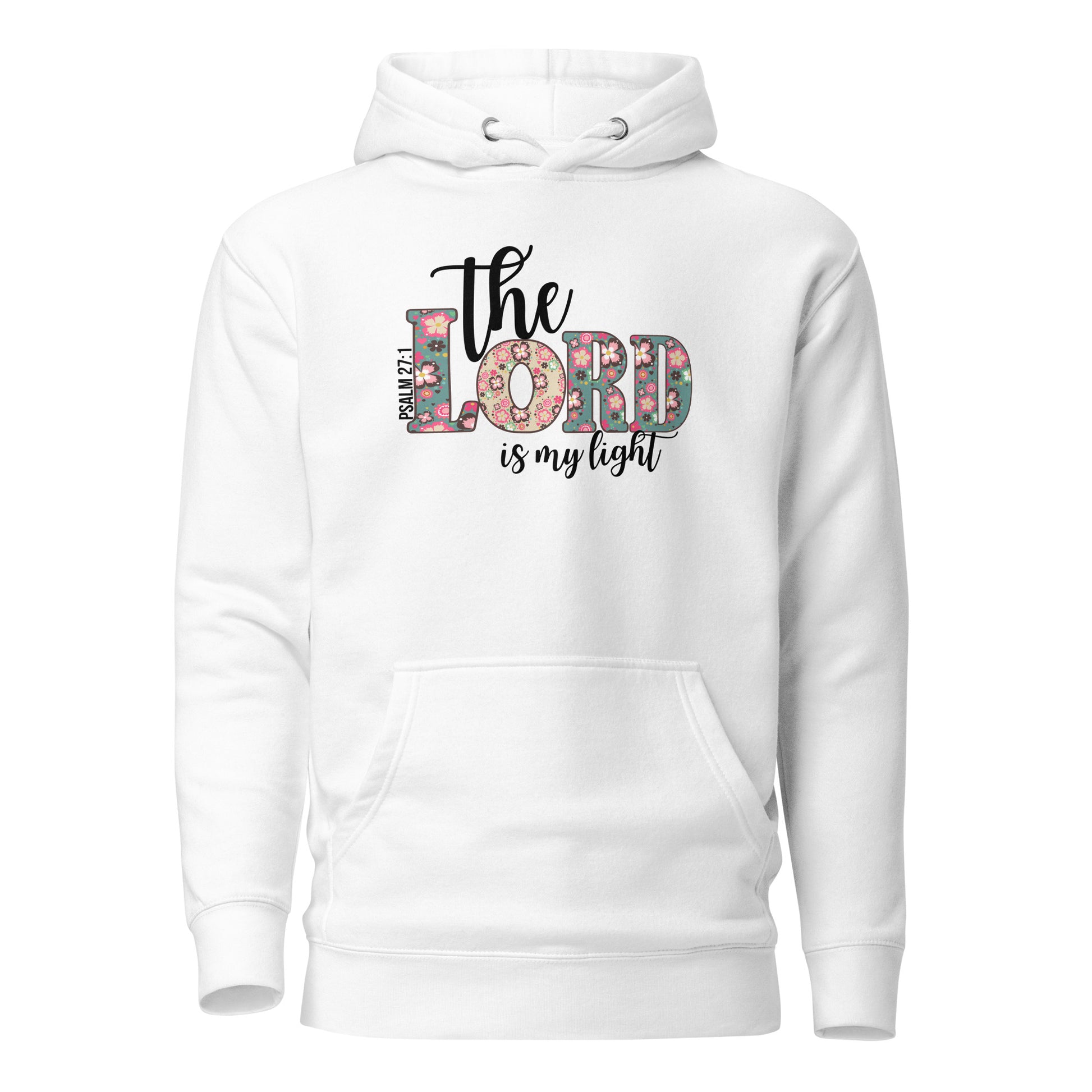Front view of The Lord Is My Light Psalm 27:1 Christian hoodie in white.