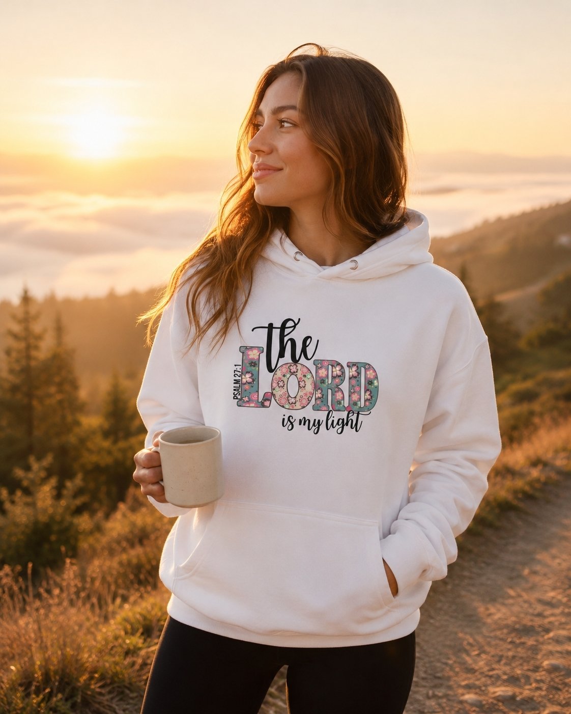 Woman wearing The Lord Is My Light Psalm 27:1 Christian hoodie in sky blue during a peaceful morning outdoors.