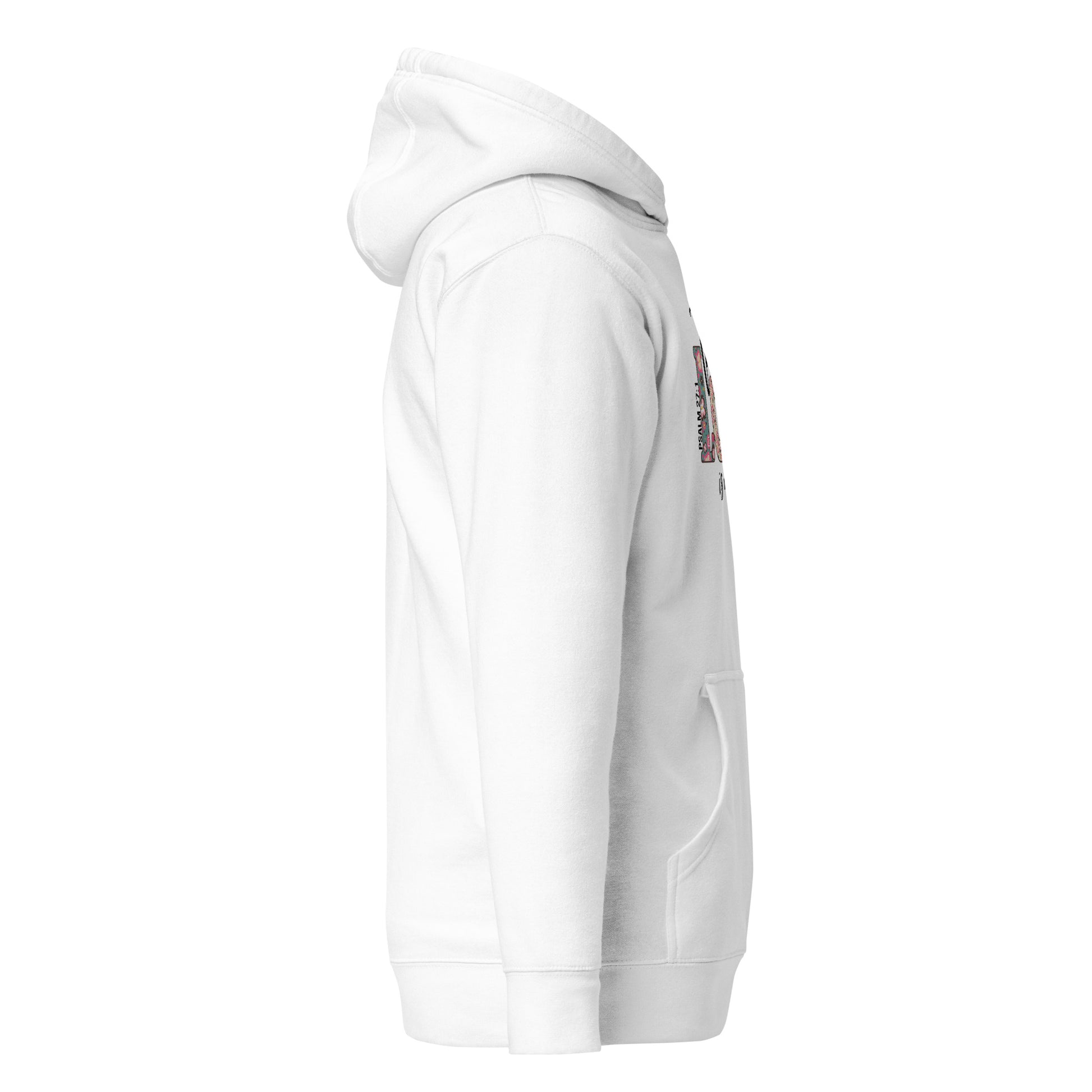 Side view of The Lord Is My Light Psalm 27:1 Christian hoodie in white.