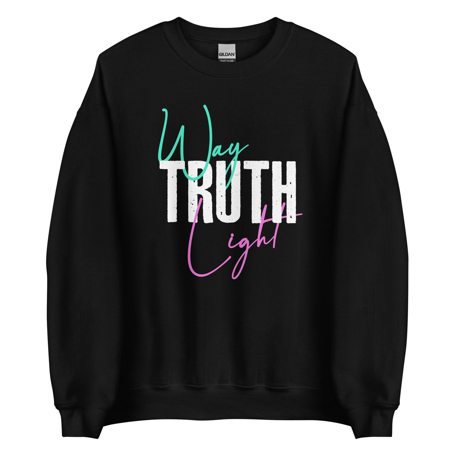 Black sweatshirt featuring a Way Truth Light faith-inspired graphic design.