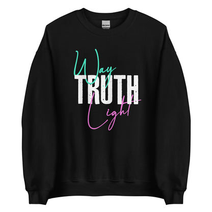 Black sweatshirt featuring a Way Truth Light faith-inspired graphic design.